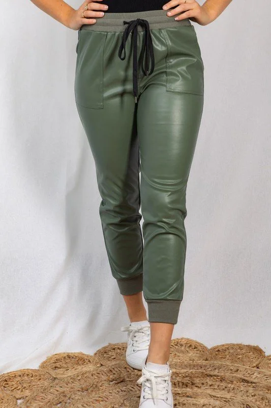 Green faux leather joggers hotsell